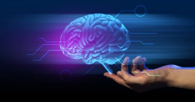 İş adamının eli sanal zeka sistemine ve teknolojiye dokunuyor.