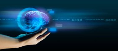 İş adamının eli sanal zeka sistemine ve teknolojiye dokunuyor.