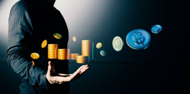 Holografik para sistemi ağı ve teknolojisine dokunan iş adamının eli, ticari yeniliğin başarısı