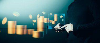 Holografik para sistemi ağı ve teknolojisine dokunan iş adamının eli, ticari yeniliğin başarısı