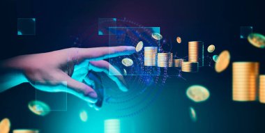 Holografik para sistemi ağı ve teknolojisine dokunan iş adamının eli, ticari yeniliğin başarısı