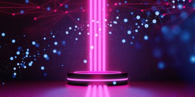 Y2K 2000 'lerin oyun teknolojisinin 3D çizimi fütüristik fantezi metazik siber punk bilim kurgu podyum kaidesi sahne soyut arka planı neon-parıltısı