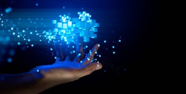 İş adamı elinde metaevren ağ bilimkurgu siber punkunun hologramını tutuyor. Siyah arka plan, internet sosyal çevrimiçi teknoloji