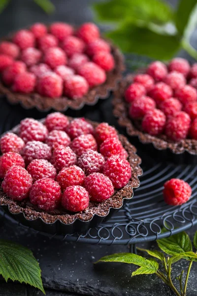 Шоколадні пироги зі свіжою малиною — стокове фото