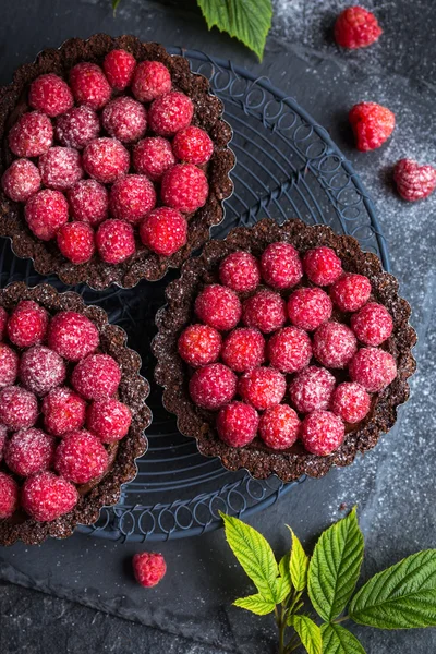 Schokoladentorten mit frischen Himbeeren — Stockfoto