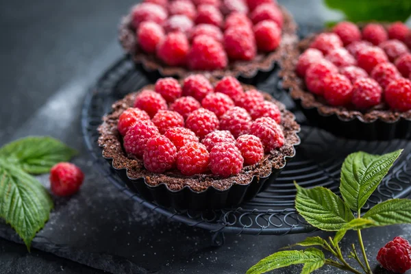 Schokoladentorten mit frischen Himbeeren — Stockfoto