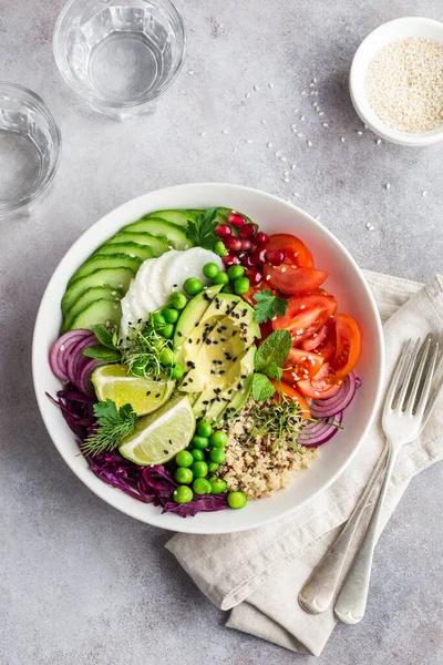 Healhty Vegan Lunch Bowl Avocado Quinoa Tomato Cucumber Red Cabbage Stock Photo