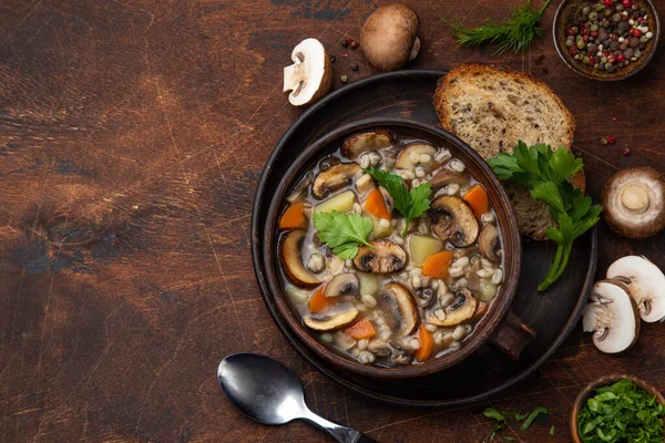 Mushroom Barley Soup Top View Wooden Background Copy Space — Stock Photo, Image