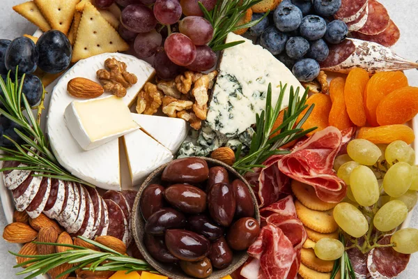 Close Charcuterie Cheese Board Assortment Appetizers Antipasti Top View — Stock Photo, Image