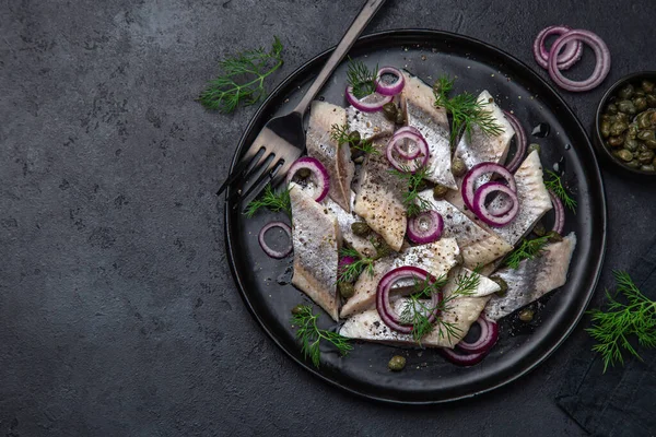 Pickled Herring Red Onion Capers Dill Black Plate Top View Stock Picture