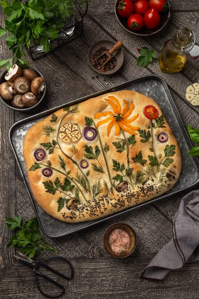Floral Painting Focaccia Garden Flatbread Art Food Trend Old Wooden Stock Photo