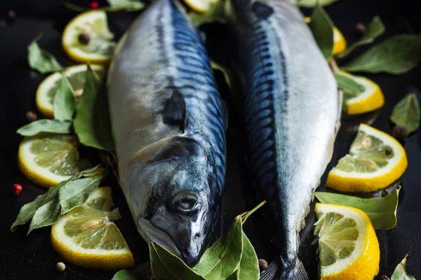 Свежая сырая рыба макрель с лимоном и лавровыми листьями — стоковое фото