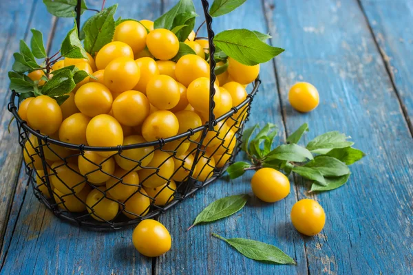 Fresh yellow cherry-plums on the basket — Stock Photo, Image