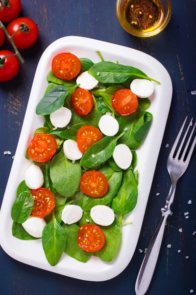 Ensalada con tomates cherry, espinacas y mozzarella — Foto de Stock