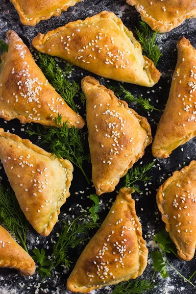 Pasties cozidos no forno frescos cheios de carne e vegetais — Fotografia de Stock