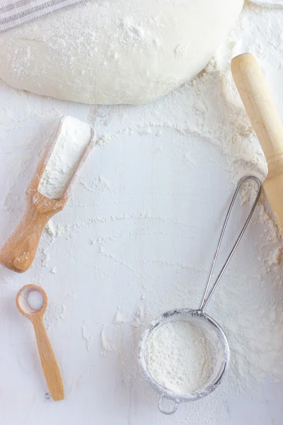 Fondo para hornear. Harina, panadería y masa fresca — Foto de Stock