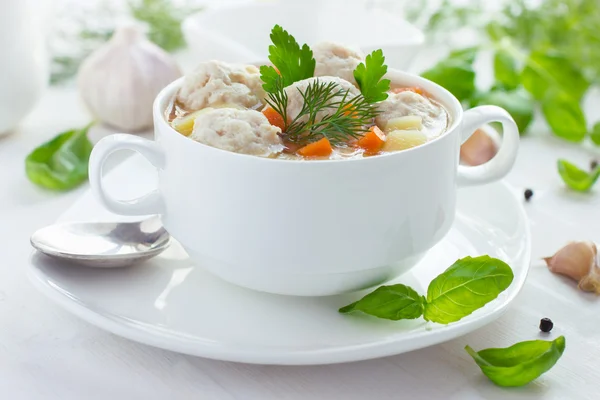 Soup with chicken meatballs and vegetables — Stock Image Soup with chicken meatballs and vegetables Stock Photo