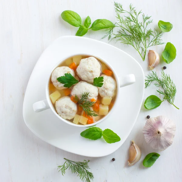 Soup with chicken meatballs and vegetables — Stock Image Soup with chicken meatballs and vegetables Royalty Free Stock Photos
