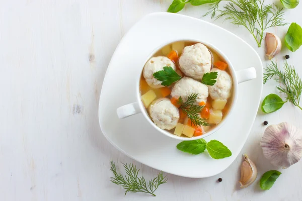 Soup with chicken meatballs and vegetables — Stock Image Soup with chicken meatballs and vegetables Stock Image