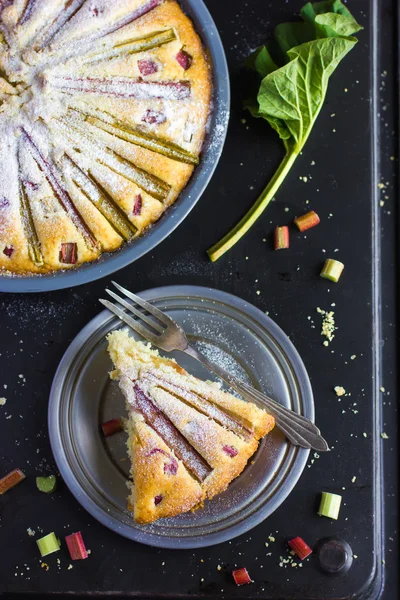 Pezzo di torta di rabarbaro su sfondo scuro — Foto Stock