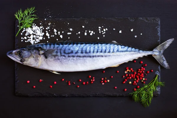 Färsk rå makrill på svart bakgrund — Stockfoto