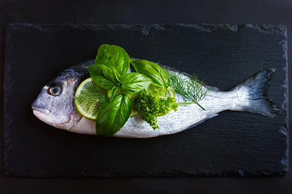 Friss nyers dorado hal fűszeres gyógynövények — Stock Fotó