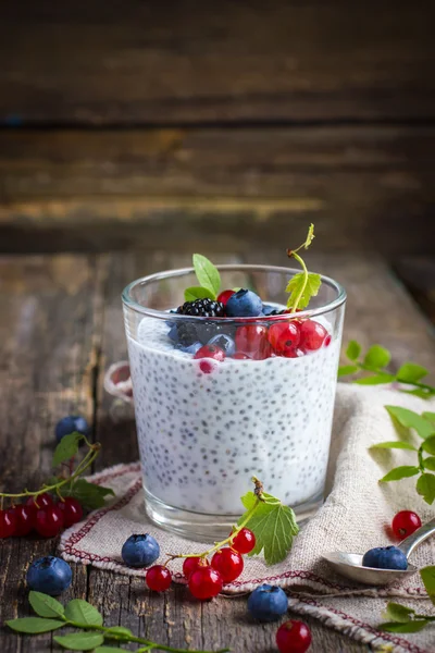 Натуральний йогурт з насінням чіа та свіжими ягодами — стокове фото