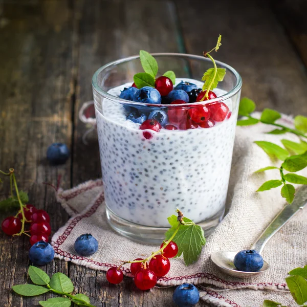 Yogur natural con semillas de chía y bayas frescas —  Fotos de Stock