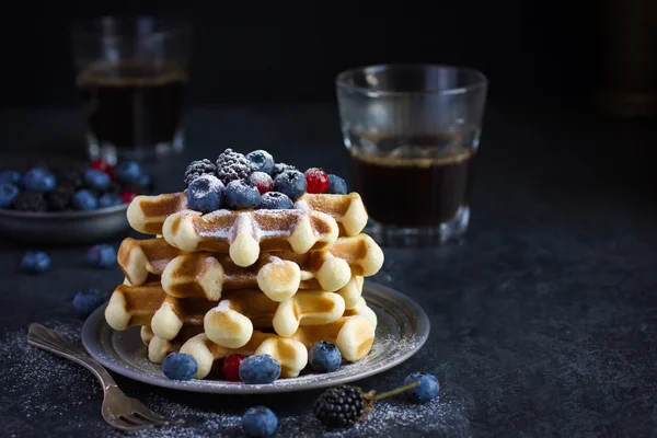 Waffles com bagas frescas e açúcar em pó — Fotografia de Stock