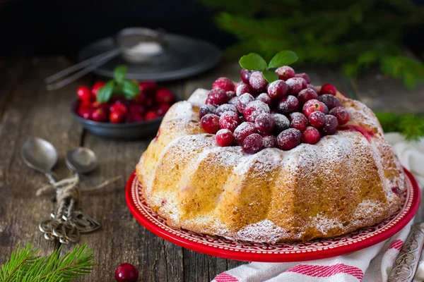 Cranberry cake decorated with powdered sugar and fresh berries f — Stock Photo, Image