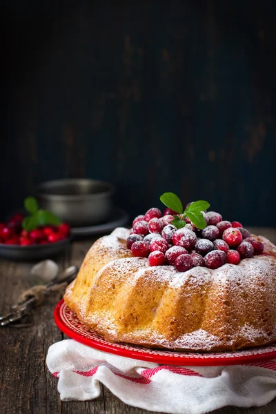 Cranberry cake decorated with powdered sugar and fresh berries f — Stock Photo, Image