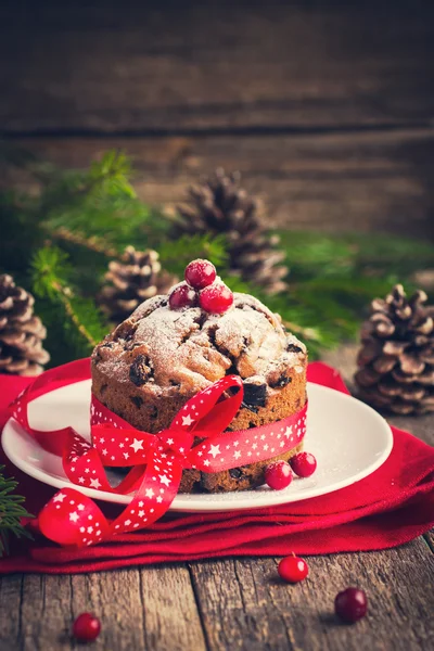 Traditionele vruchtencake voor Kerstmis versierd met poedervorm suga — Stockfoto