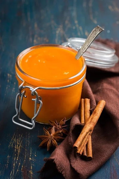 Spicy pumpkin pudding in glass jar — Stock Photo, Image