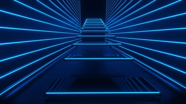 3d rendering of corridor, stairs, lights Abstract blue neon