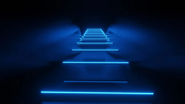 Rendering Corridor Stairs Lights Abstract Blue Neon — Stock Photo, Image