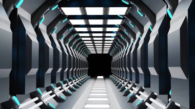 Gerçekçi bilim kurgu karanlık koridorlarının 3D görüntüsü. Mavi ışık. Gelecek tünel