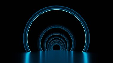 3D koridorlu odalar. Neon sınırı. Mavi-pembe fütürist soyut.