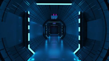 Bilimkurgu arkaplan koridoru odası akıllı gelecek soyut 3D oluşturma