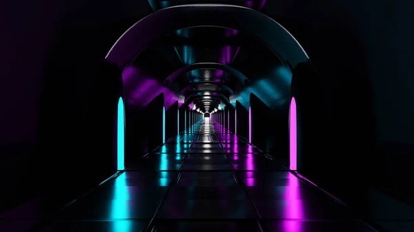 Renderização Quartos Com Corredores Borda Neon Brilhando Azul Rosa Futurista — Fotografia de Stock