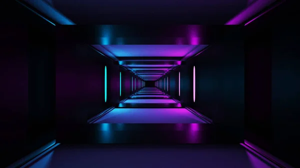 Renderização Quartos Com Corredores Borda Neon Brilhando Azul Rosa Futurista — Fotografia de Stock