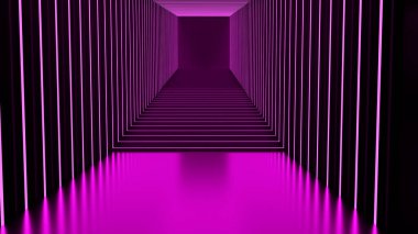 3D görüntüleme, ışıltı çizgileri, tüneller, neon ışıklar, sanal gerçeklik soyut arka plan adımsız portal eğrisi spektrumu parlak pembe lazer gösterimi
