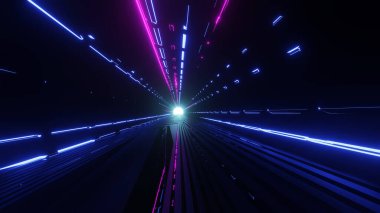 Bir bilim kurgu tünelinin 3 boyutlu canlandırması. Hareketli ışık soyut yüksek teknoloji tüneli.