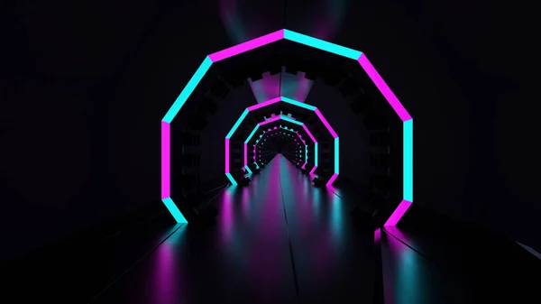 3D渲染暗霓虹灯隧道亮蓝色粉红抽象Led灯 — 图库照片