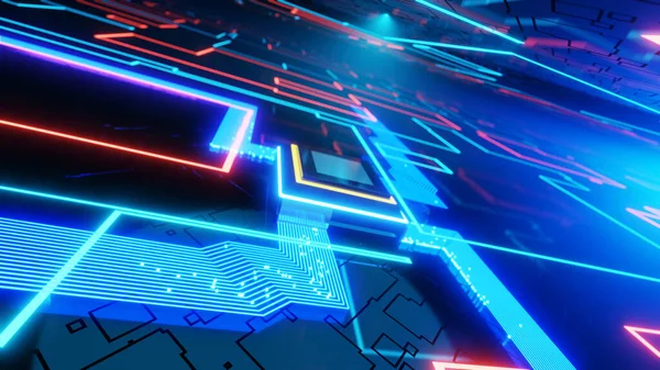 Rendering Cpu Data Flow Circuit Board Electronic Background Blue — Stock Photo, Image