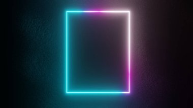 Parlayan neon dairelerin 3B görüntülenmesi ve konktre üzerine kare çerçeveler