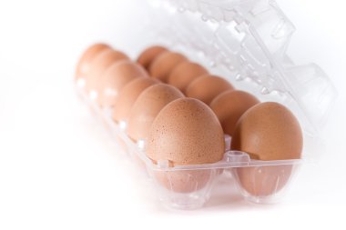 Şeffaf plastik, yumurta için kapsayıcı izole beyaz bir arka plan üzerinde.