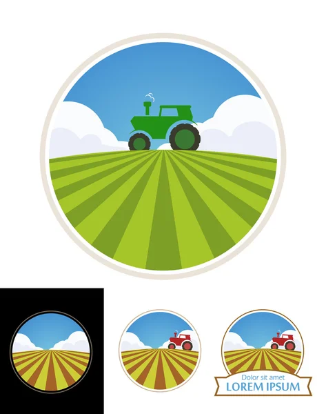 Tractor de granja y campo verde de cebada — Vector de stock