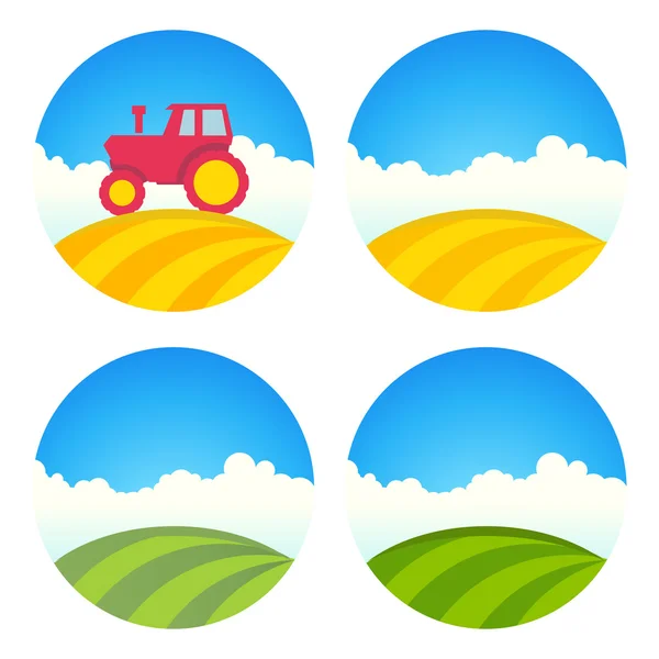 Etiqueta de granja redonda con campos y tractor — Vector de stock