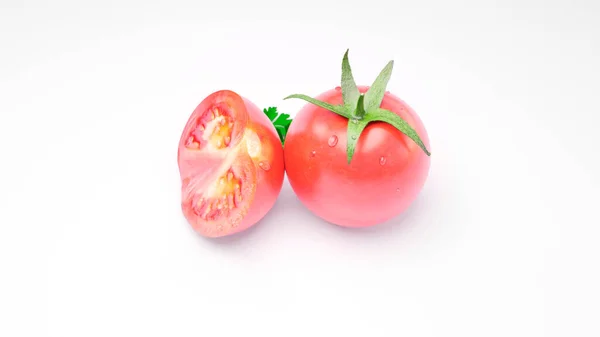 Tomates em vegetação sobre fundo branco — Fotografia de Stock