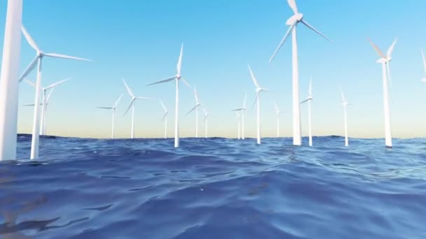 Elektrownie wiatrowe w morzu w słoneczny dzień — Wideo stockowe
